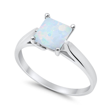 Solitaire Princess Cut Lab Created White Opal Wedding Ring 925 Sterling Silver